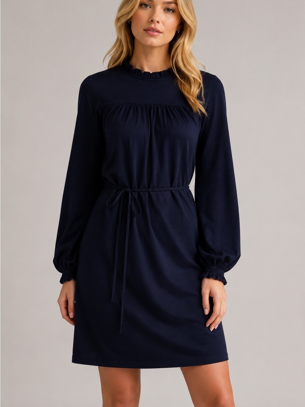 Boden Navy Blue Long Sleeve Jersey Ruffle Mini Dress Size 14R 8164